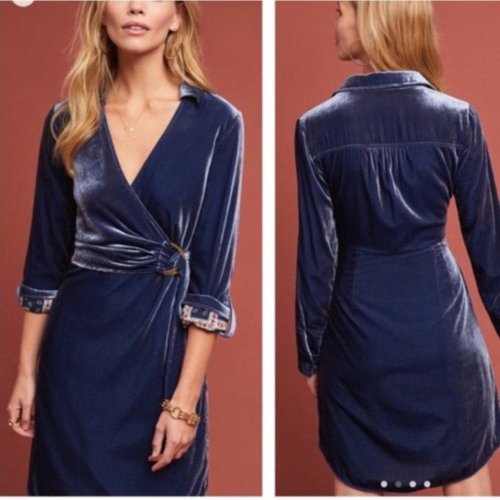 Anthropologie Maeve Blue Velvet Shirt Dress Size 12